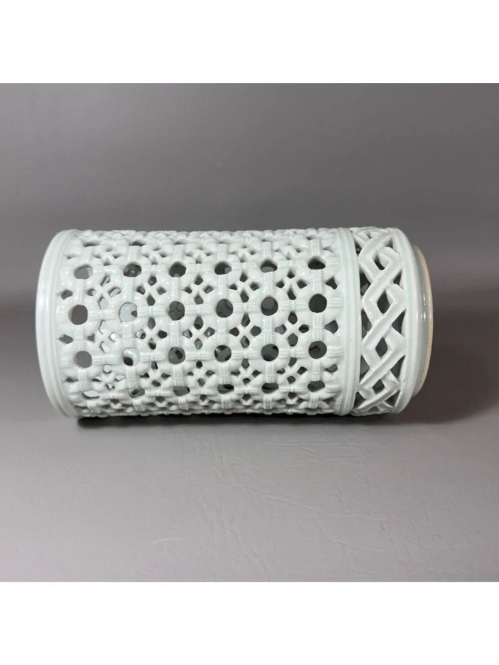 Vintage Chinese Celadon Openwork Ceramic Vase Reticulated Pierced Brush Pot Sign